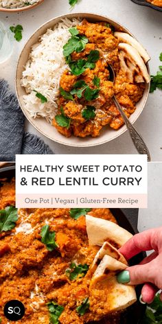 a person holding a tortilla in front of a bowl filled with red lentil curry