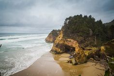 an ocean beach with trees on the shore and waves coming in from the water's edge