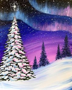 an acrylic painting of a snowy christmas tree with the northern lights in the background