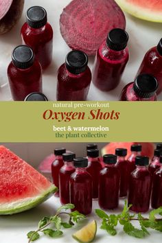 Images depicting oxygen shots in bottles filled with red juice, a blend of beets and watermelon. Beet Shot Recipe, Diy Juice Shots, Watermelon Beet Juice Recipe, Juicing For Headaches, Beet Juice Shots, Healthy Juice Shots Recipes, Watermelon Beet Juice, Energy Shots Homemade