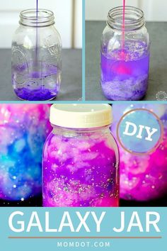 galaxy jar with the words diy painted on it and two jars filled with liquid