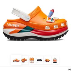 This Is A Pair Of Crocs With The 7-Eleven Model. The Following Is The Description: Brand: Crocs Size: 6 Women, 4 Men Color: Orange, Green, White Style: New With Tags, Never Worn, Unisex, Limited Edition, 7-Eleven Model, Platform, Trending Please Review The Pictures. The Cover Picture Is The Stock Photo From The Manufacturer. Thank You! Mega Crush Clog, Crocs Mega Crush, Orange Crocs, Platform Crocs, Crocs Sandals, Crocs Classic Clogs, 7 Eleven, Platform Clogs, Women's Crocs