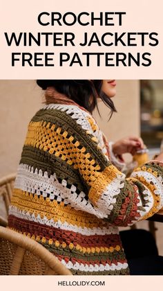 a woman sitting at a table wearing a crochet sweater with text overlay