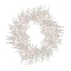 a white wreath with pink and silver decorations on it's side, against a white background