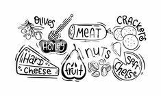 hand drawn illustration of different types of cheeses and meats on a white background