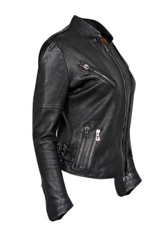 Rev up your fall wardrobe with the Benheart black leather moto jacket! Made from genuine leather and featuring silver hardware and zipper pocket details, this jacket is the perfect blend of tough and chic. Pair it with a slip skirt and boot heels for a killer date night look. A must-have layering piece for any fashionista! Size 4 (IT 40) Made in Italy Shell 100% Genuine Leather Lining 100% Viscose Zipper front closure Four front zipper pockets One front flap pocket Side buckle details Zipper cuff detail Quilted back detail Bust 36" Waist 34" Shoulder to hem 21.5" Shoulder to shoulder 15.5" Sleeve length 23.5" Fall Biker Leather Jacket With Ykk Zipper, Black Biker Jacket With Asymmetrical Zip And Zip Cuffs, Fitted Leather Jacket With Side Zipper For Fall, Leather Jacket For Biker Events With Ykk Zipper, Fitted Winter Biker Jacket With Metal Zipper, Fitted Biker Jacket With Metal Zipper For Winter, Edgy Fitted Biker Jacket With Metal Zipper, Fitted Leather Jacket With Metal Zipper For Winter, Punk Leather Jacket With Zipper For Night Out