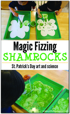 two children are making shamrock shaped trays with green liquid on them and the words magic fizzing shamrocks