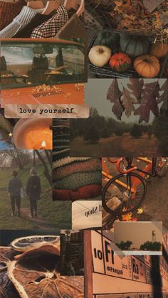 a collage of photos with people walking and pumpkins in the background, including an autumn scene