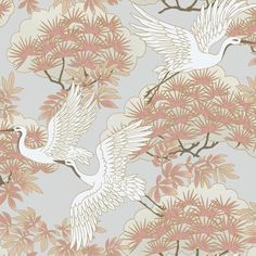 two white birds flying over pink flowers on a light gray background with leaves and branches