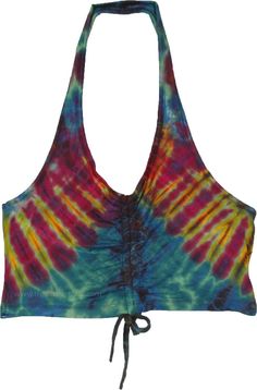 A soft short top has a tie dye color and a hippie style of its own for the stylish free-spirited, and goes with any bohemian lowers! The tie dye is on the green base color. The smart-styled top goes over and down the necktie up at the top and straps that you can pull below the bust to move the silhouette of the top up. #tlb #Sleeveless #beachwrap #bohemianfashion #Handmade #TieDye #BohemianTop Bohemian Tie Dye Crop Top, Spring Multicolor Tops With Drawstring, Bohemian Tie Dye Crop Top For Festivals, Bohemian Tie-dye Crop Top For Festivals, Bohemian Tie-dye Cotton Crop Top, Bohemian Cotton Tie-dye Crop Top, Casual Multicolor Tops With Drawstring, Fitted Tie Dye Top For Vacation, Bohemian Tie-dye Top For Spring