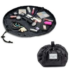 The Lay-n-Go COSMO (20") is a patented cosmetic bag that allows you to see all of your cosmetics at once, and clean up in seconds. No more digging and dumping in a traditional black hole make up bag. The raised lip keeps make up and brushes from rolling off the counter. The Cosmo is machine washable and wipeable! Home or away! Do your daily make up routine at the gym, or in your office, on a clean dry surface. Pull the drawstring cord and the Cosmo cinches completely closed to stow or travel. Pa Bridesmaid Makeup Bag, Travel Christmas Gifts, Black Makeup Bag, Black Cosmetics, Makeup Train Case, Makeup Bag Organization, Toiletries Organization, Makeup Bags Travel, Makeup Pouch