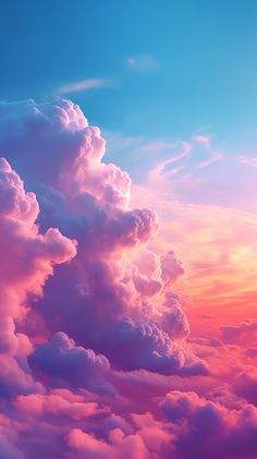 the sky is filled with pink clouds and blue skies, as well as white fluffy clouds