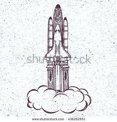 a drawing of a rocket ship flying through the sky with clouds on it's side