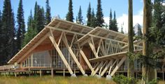 a wooden structure sitting on top of a lush green field next to tall pine trees