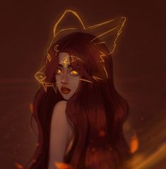 a digital painting of a woman with long red hair wearing a cat's head