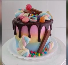 there is a cake with candy and candies on the top it has chocolate icing