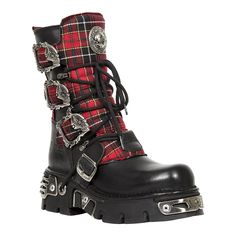 New Rock M.391T-S1 Reactor Tartan Half Boots (Black/Red) Goth Heels, Emo Boots, Spanish Shoes, New Rock Boots, Rock Boots, Gothic Boots, Motorcycle Shoes, Half Boots, Punk Emo