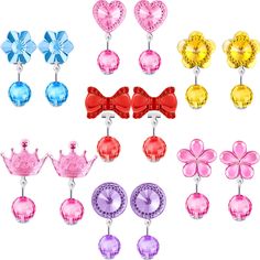 six pairs of earrings with bows, hearts and flowers on each earring in different colors