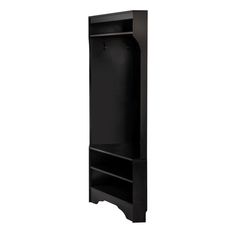 a tall black shelf with an open door on the bottom and shelves below it, against a white background