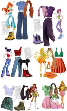 barbie dolls and clothes are shown in this image