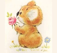 a brown teddy bear holding a pink rose in it's mouth while standing on its hind legs