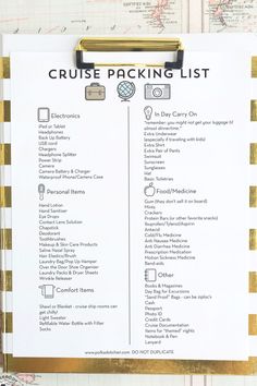 the cruise packing list is hanging on a clipboard with gold trimmings and black ink