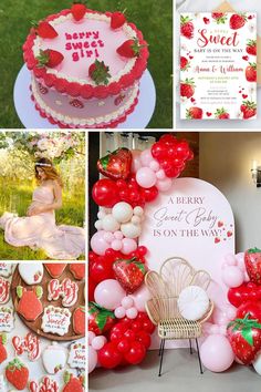 Collage of strawberry themed baby shower ideas. Strawberry baby shower cake, invitation, cookies and strawberry baby shower decorations. Beach Theme Food, Safari Adventure, Adventure Activities, Fun In The Sun, Food Themes