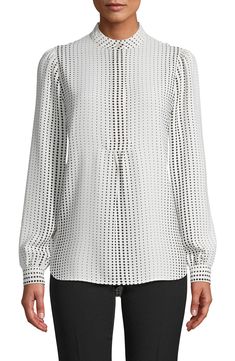 Mesmerizing mixed-scale dots amp up the graphic sophistication of this sleek button-up that's perfect for your 9-to-5. Style Name:Anne Klein Florentine Dot Poet Blouse. Style Number: 6130273. Available in stores. Elegant Polka Dot Blouse For Work, Elegant Polka Dot Tops For Work, Elegant Polka Dot Button-up Tops, Elegant Button-up Polka Dot Tops, Fitted Polka Dot Blouse For Work, Polka Dot Blouse With Button Closure For Workwear, Polka Dot Workwear Top With Button Closure, Polka Dot Tops With Button Closure For Workwear, Anne Klein Clothing