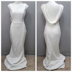 two photos of a white dress on display in front of a gray wall and another photo of a mannequin's back