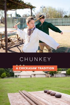 two young men in historical clothing are playing frisbee on a picnic table with the caption chunky, a chickaw tradition