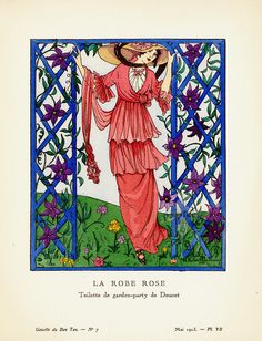 a drawing of a woman in a red dress and hat with flowers around her neck