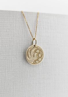 Phoenix Jewelry, Phoenix Necklace, Solid Gold Necklace, Jewelry Care Instructions, Bird Necklace, Bird Pendant, Jewelry Personalized, Personalized Pendant, Gold Coin