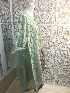 Very chic mint green jamawar on organza jacket, with bell sleeves and floral embroidery, it comes with silk matching inner, and ivory bell bottom. Brand: Bonita, Chen One Shipping USPS 2 day Blue Anarkali Dress, Pakistani Gown, Organza Jacket, Blue Anarkali, Indian Anarkali, Ivory Silk, Anarkali Dress, Short Shirts, Bell Bottom