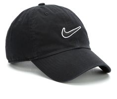 Get style and comfort year round wearing the Nike® Essential Swoosh Cap! These breathable fabric baseball cap has a curved bill and adjustable back strap for a secure fit. Breathable fabric construction, Adjustable back strap for a secure fit, Sweatband for added comfort, Curved bill cap design,2 1/2 inch bill, Nike® branding details, One size fits most | Nike Essential Swoosh Cap in Black/White Cap Designs, Nike Brand, Shoe Carnival, Cap Design, Back Strap, Baseball Cap, Breathable Fabric, Accessories Hats, Baseball Hats