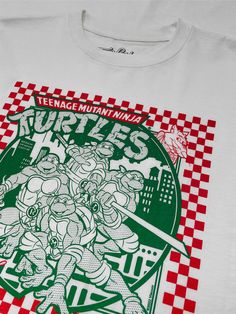 teenage mutant ninjas t - shirt in white with red and green checkered pattern