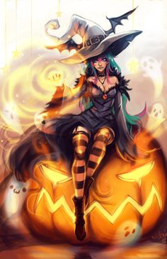 a witch sitting on top of a pumpkin