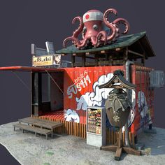 an octopus is standing in front of a building