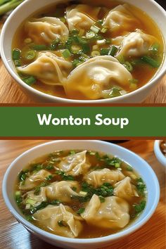 wonton soup with broccoli and green onions in a white bowl on a wooden table