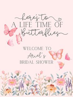 a welcome card with pink flowers and butterflies on the front, says here's to a life time of butterflies