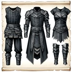 three different types of armor are shown in this drawing technique, one is black and the other is white