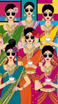 Group Of Women Art, Desi Pop Art Illustrations, Traditional Theme Decoration, Illustration Themes Ideas, Indian Tea Shop Interior, Gujarati Home Decor, South India Illustration, Desi Graphic Design, Interior Design Illustration Graphics