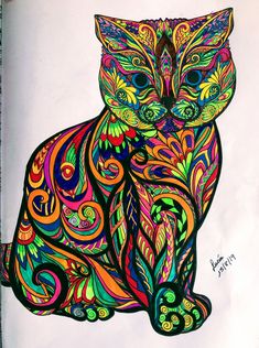 a drawing of a cat with colorful designs on it