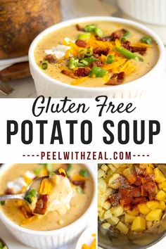 three different pictures with the words gluten free potato soup in them and two bowls