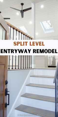 split level entryway with black balusters and vaulted shiplap ceiling Split Level Entry Way, Split Foyer Entry, Split Level House Remodels, Stairs Decor Ideas, Entryway Remodel, Split Foyer Remodel, Split Level Entry, Split Level Home Designs, Split Entry Remodel