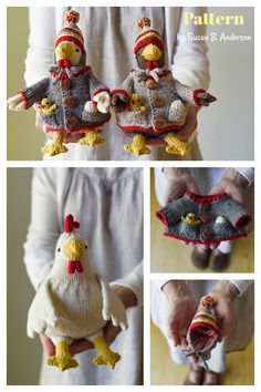 four different pictures of stuffed animals made from knitted material