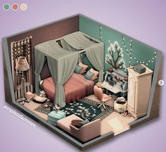 an image of a bedroom with furniture and decorations on the walls, including a canopy bed