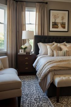 a bedroom with a bed, chair and ottoman in it's centerpieces