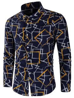 Allover Geometric Print Button Down Shirt - Yellow - 3788534716 - Men's Clothing  #MensClothing #Men's #Clothing Latest Shirts For Men, Geometric Print Fashion, King Fashion, Mens Jackets Casual, Camisa Social, Slim Fit Casual Shirts, African Men Fashion, Jumpsuit With Sleeves, Kids Swimwear