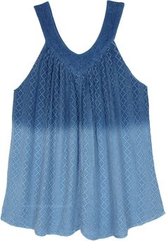 A sleeveless stonewashed bohemian top in denim blue ombre tone with beautiful embroidery at the front.  This midweight and airy top has an umbrella style construction and thus has a lovely flow and flare. #tlb #Sleeveless #Embroidered #sleevelesstop #XLtop #summerloosefittop Sleeveless Washed Denim Blue Top, Denim Blue Sleeveless Washed Top, Denim Blue Summer Tops For Vacation, Denim Blue Tops For Summer Vacation, Summer Vacation Denim Blue Tops, Indigo Sleeveless Top For Spring, Sleeveless Indigo Tops For Spring, Blue Sleeveless Washed Tops, Blue Washed Sleeveless Top