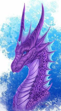 a purple dragon with blue eyes sitting in the water